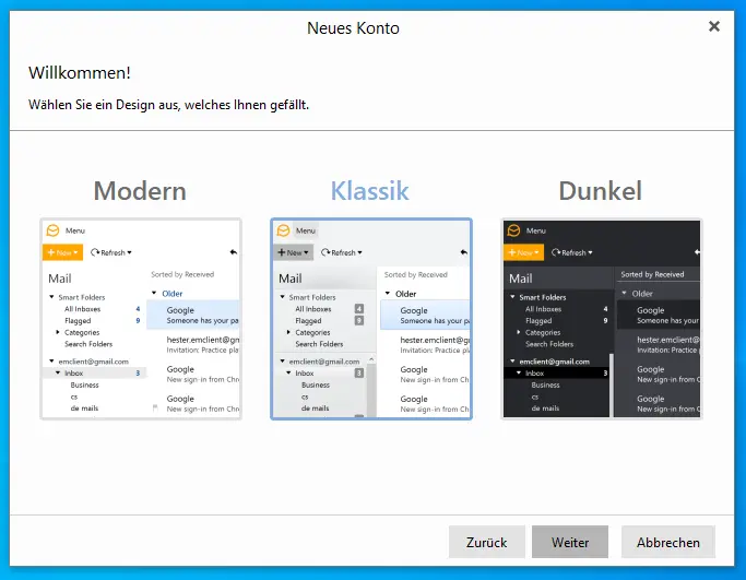 Designauswahl beim ersten Start des eM Client