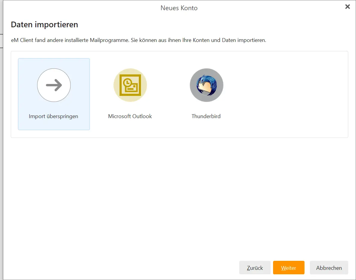 Import von Konten und Daten aus Outlook oder Thunderbird in den eM Client