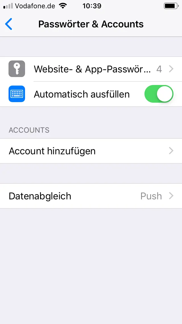 iPhone-Menü mit Option „Account hinzufügen“