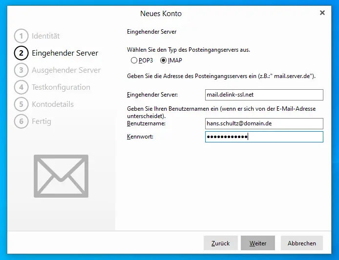 Servereinstellungen mail.naymspace-systems.de für den Posteingang im eM Client