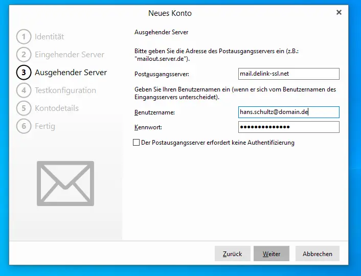 Eingabe der Postausgangsserver-Daten im eM Client