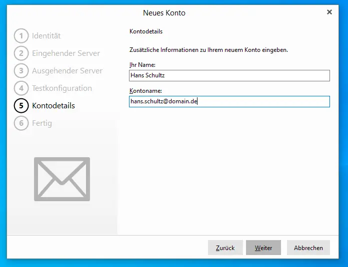 Eingabe von Anzeigename und Kontoname im eM Client