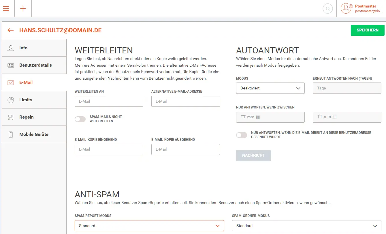 Einstellung des Spam-Report-Modus für einen Account in der E-Mail-Administration