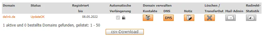 Status-Feld einer Domain in der Domainverwaltung des Kundenportals