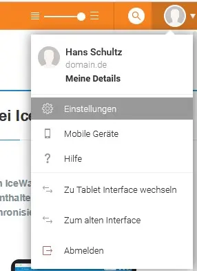 Benutzermenü mit Eintrag „Einstellungen“ im Webmail