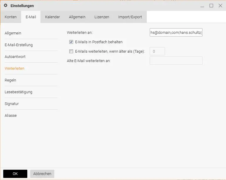 Feld „Weiterleiten an“ im E-Mail-Tab des Webmail