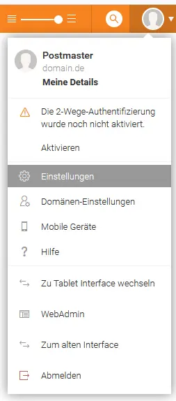 Benutzermenü mit Eintrag „Einstellungen“ im Webmail
