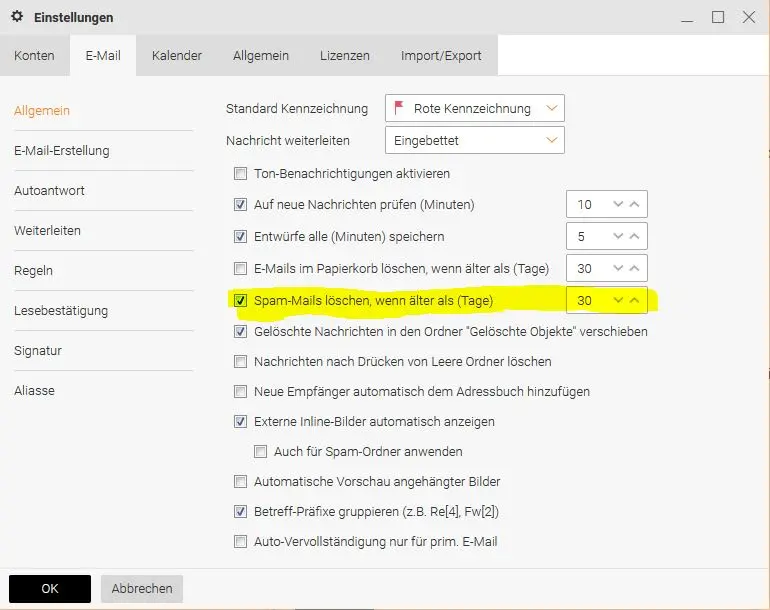 Einstellung „Spam-Mails löschen, wenn älter als (Tage)“ im E-Mail-Tab
