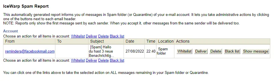 Inhalt eines Spam Reports mit den Aktionen Whitelist, Deliver, Delete und Blacklist