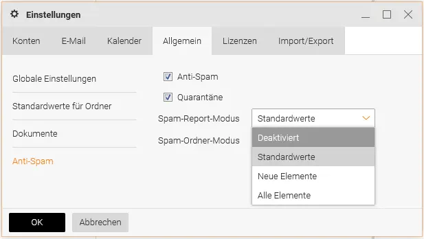 Einstellung des Spam-Report-Modus im Webmail-Tab Allgemein